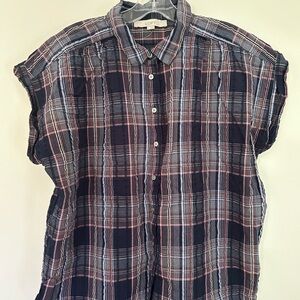 LOFT Vamp Cotton Blue and Red Casual Button Down Shirt